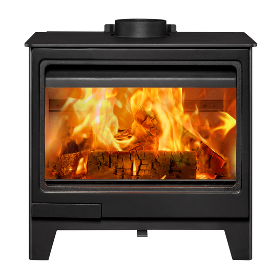 A black wood-burning stove with a glass front door showing a bright fire and logs, isolated on a white background.