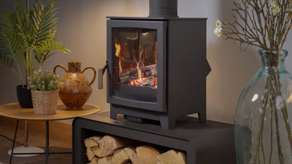 A black gas stove with a glass door showing a glowing fire, set in a cozy room next to a side table with plants and a ceramic pot.
