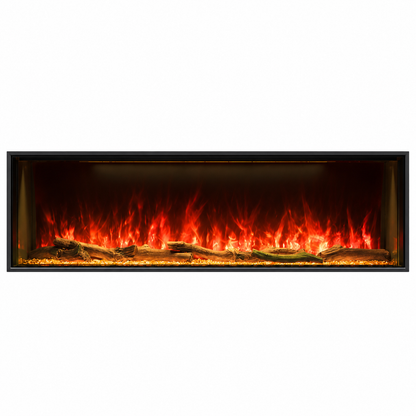 A rectangular wall-mounted electric fireplace with a black frame, featuring realistic red and orange flames and glowing embers over faux logs, shown against a plain white background.