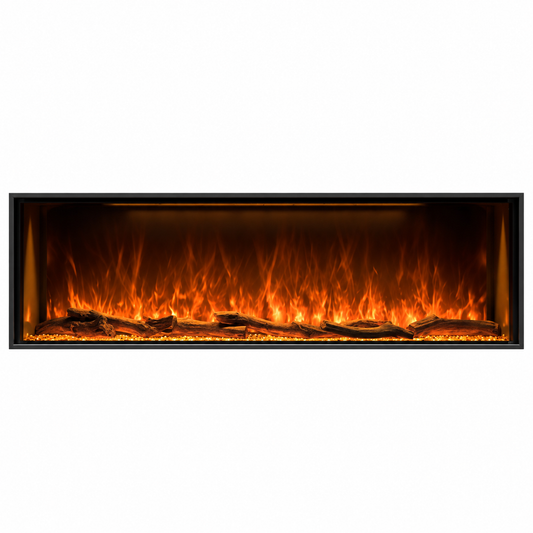 A rectangular wall-mounted electric fireplace with a black frame, featuring glowing orange and yellow flames over dark log props, shown against a plain white background.