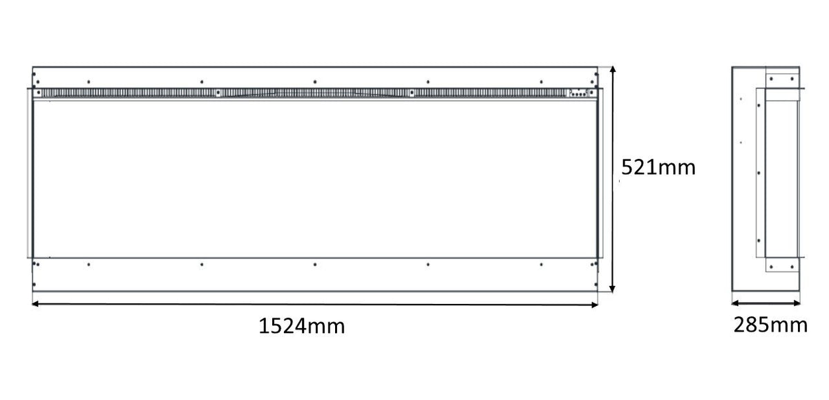 Technical dimension diagram of a rectangular electric fireplace, showing a main front view labelled 1524mm by 521mm and a side profile labelled 285mm, on a white background.