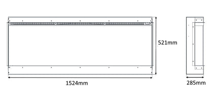 Technical dimension diagram of a rectangular electric fireplace, showing a main front view labelled 1524mm by 521mm and a side profile labelled 285mm, on a white background.