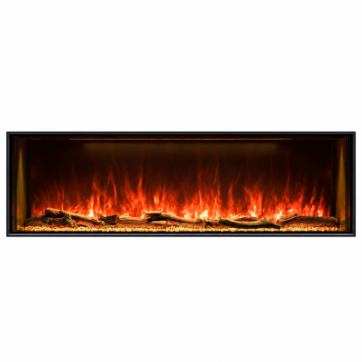 A rectangular electric fireplace insert with a black frame, featuring glowing orange and red faux flames over dark logs and glowing embers on a white background.