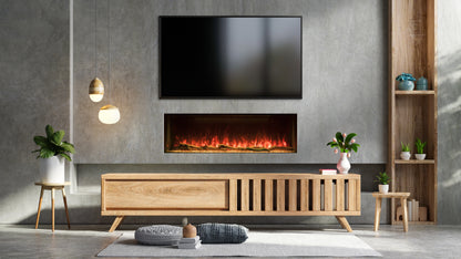A modern living room setup featuring a wall-mounted flat-screen TV above a built-in rectangular electric fireplace, with a light wood media console, shelving, pendant lights, plants, and a gray concrete wall background.