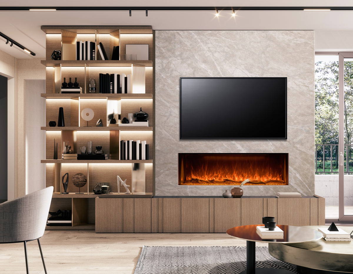 A modern living room interior featuring a large black flat-screen TV mounted on a light stone wall above a linear electric fireplace. To the left is a tall built-in shelving unit with warm under-shelving lighting and decorative objects, and a matching wood console sits below the fireplace.