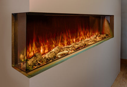 A modern linear electric fireplace insert mounted on a light beige wall, featuring realistic orange and yellow flames, glowing embers, and decorative logs inside a sleek rectangular glass frame.