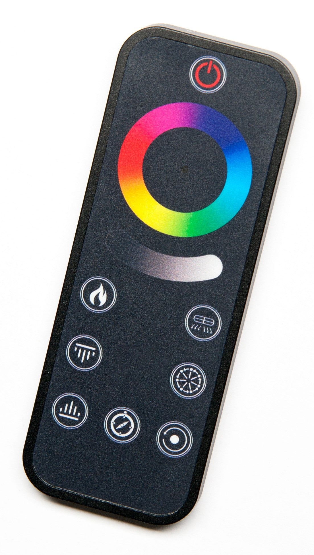 A black wireless remote control with a colorful circular RGB light ring and various white control icons, shown on a plain white background.
