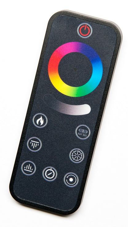 A black wireless remote control with a colorful circular RGB light ring and various white control icons, shown on a plain white background.
