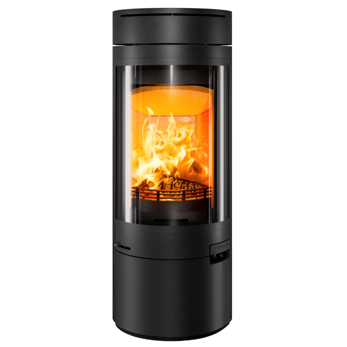 A modern cylindrical black wood-burning fireplace with a large glass front door showing a glowing orange and yellow fire inside, set against a plain white background.