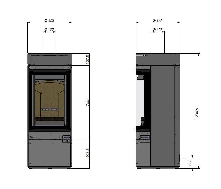 Technical dimension drawing showing two views of a cylindrical stove with measurements, including a circular opening labeled Ø127 and a vertical dimension labeled 1704.5, on a white background.