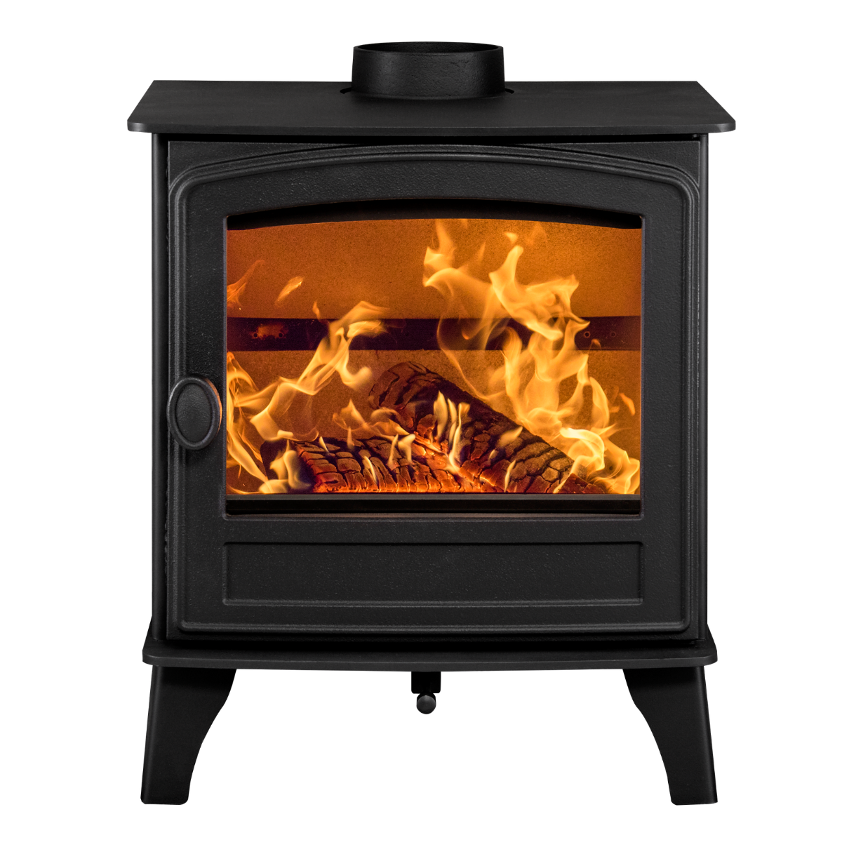 A black metal wood-burning stove with a glass front door showing a burning fire and logs inside, photographed on a plain white background.