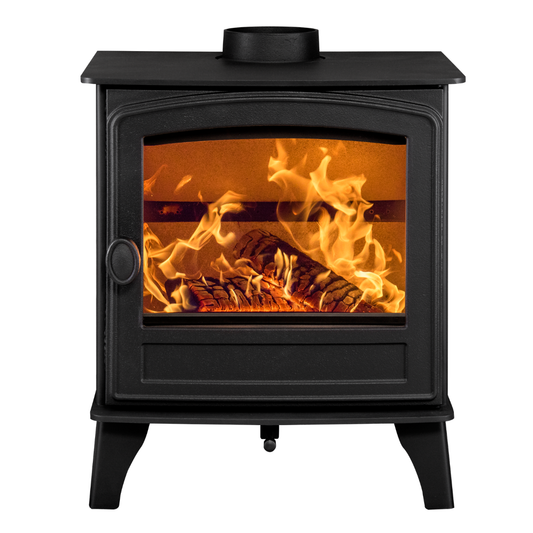 A black metal wood-burning stove with a glass front door showing a burning fire and logs inside, photographed on a plain white background.