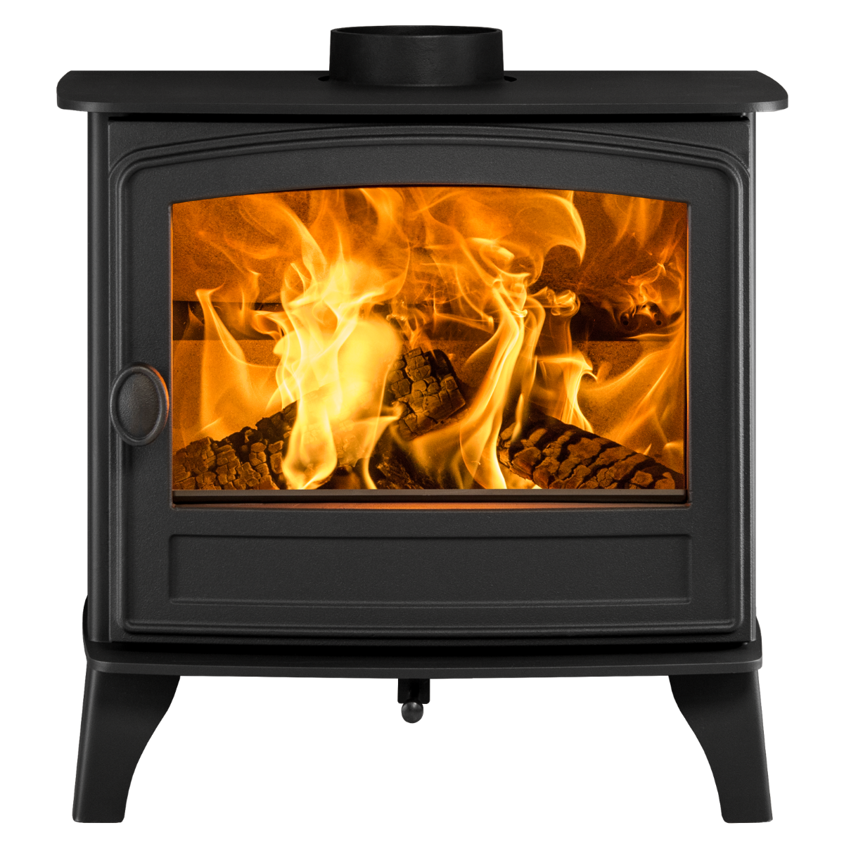 A black wood-burning stove with an open front door showing bright orange and yellow flames licking over logs, isolated on a white background.