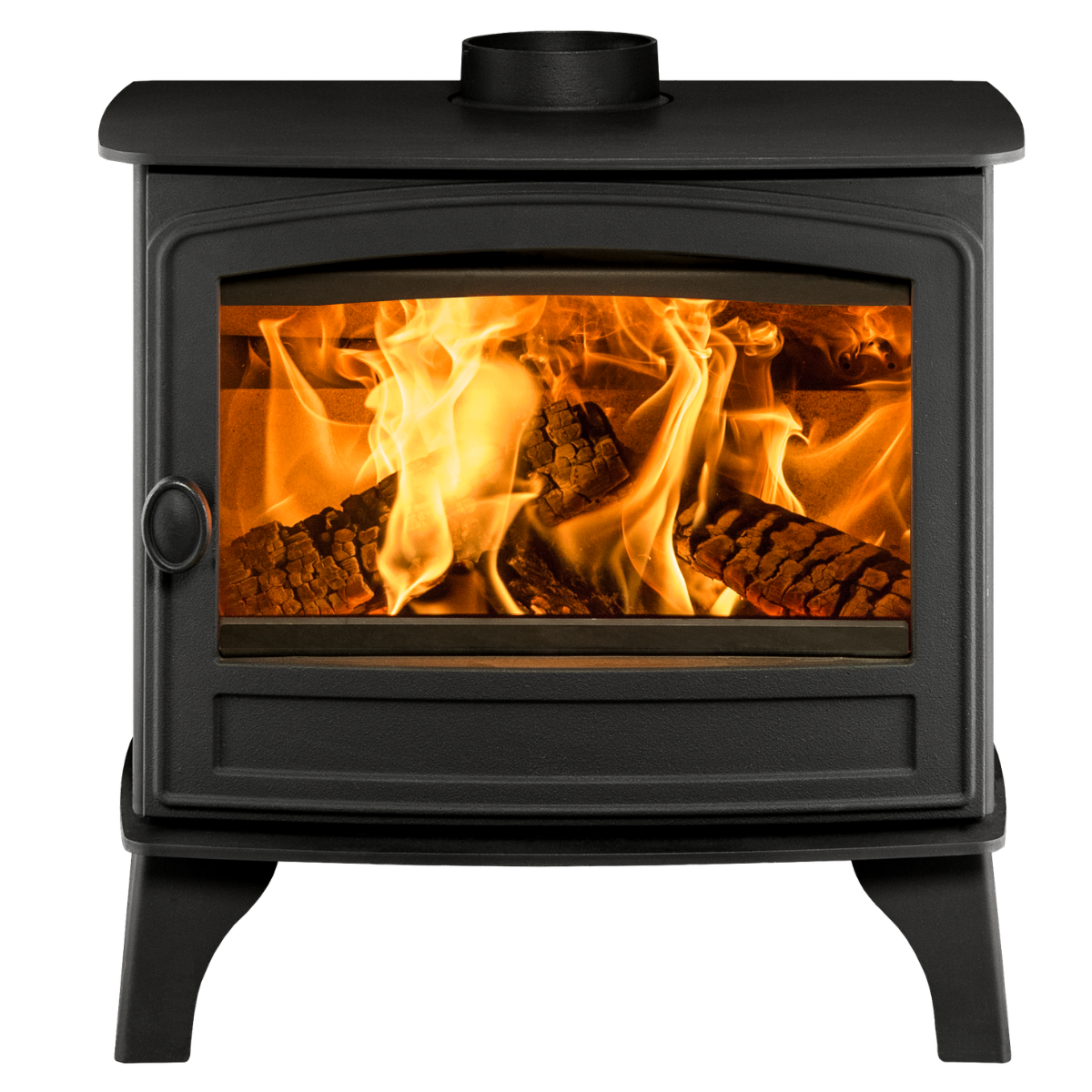 A black metal wood-burning stove with a glass front door showing bright orange flames and logs, isolated on a white background.