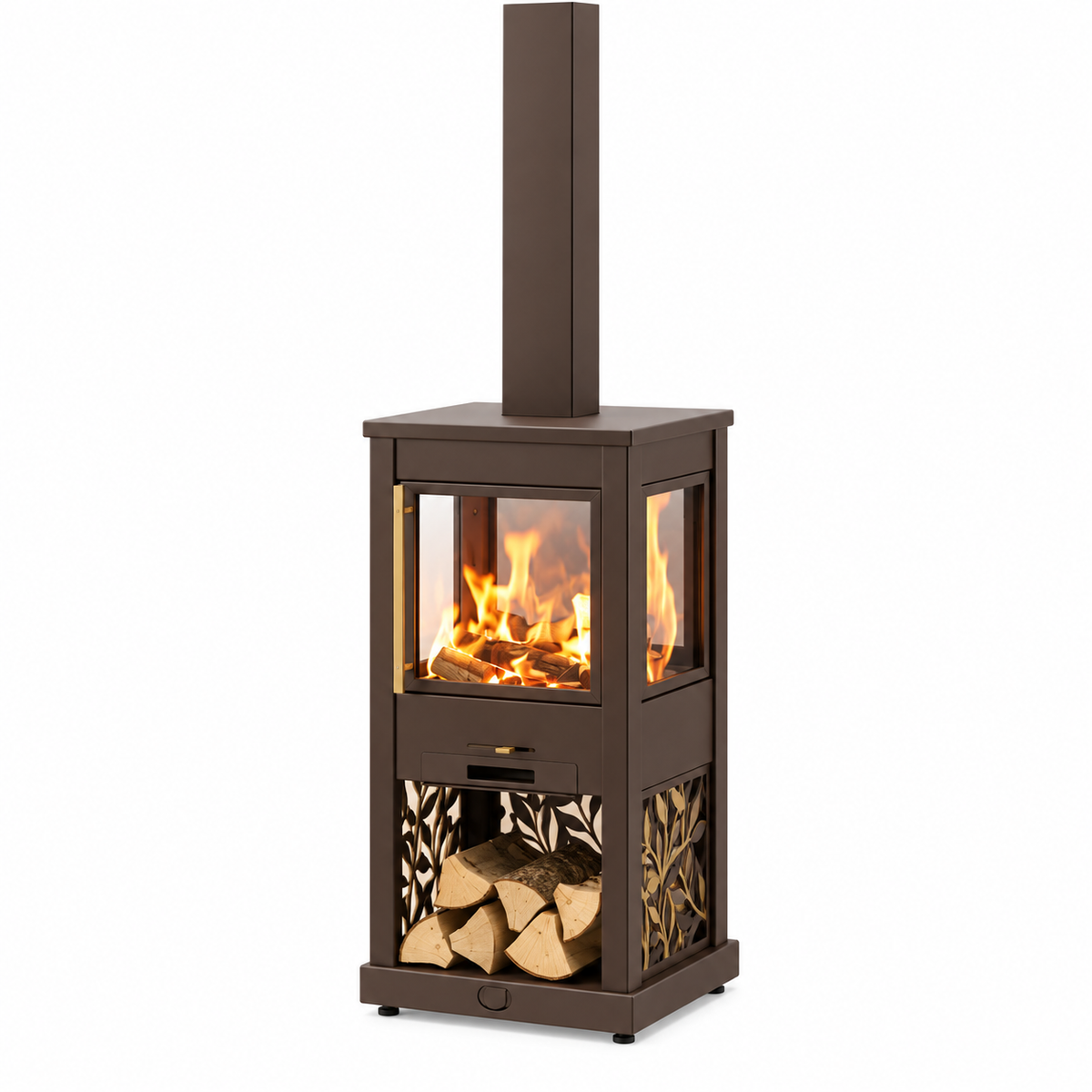 A modern brown freestanding wood-burning fireplace with a tall chimney stack, glass front, visible flames, and a lower log storage compartment filled with cut wood, shown on a plain white background.