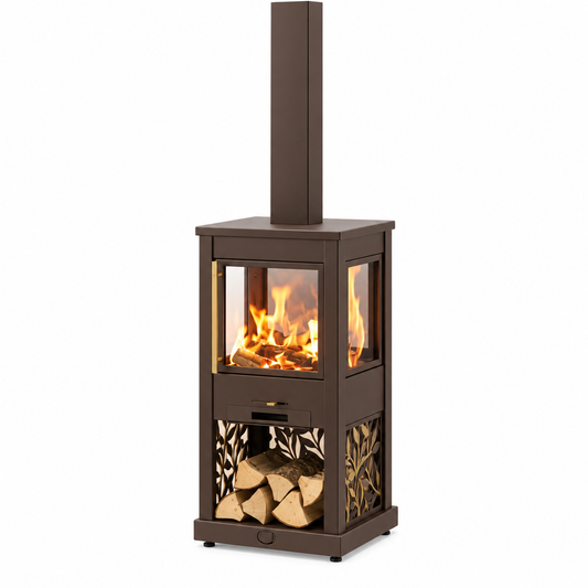 A modern brown freestanding wood-burning fireplace with a tall chimney stack, glass front, visible flames, and a lower log storage compartment filled with cut wood, shown on a plain white background.