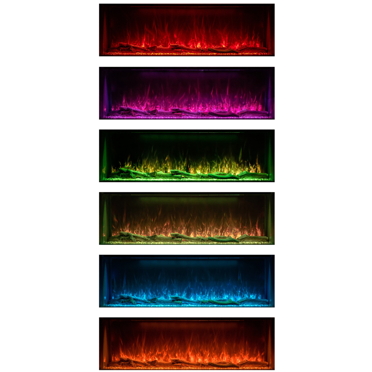 Six rectangular electric fireplace flame effect panels shown vertically on a white background, each demonstrating a different color: red, magenta/purple, green, orange/yellow, blue, and orange/red.