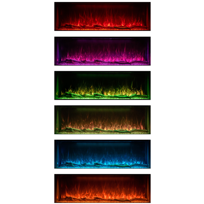 Six rectangular electric fireplace flame effect panels shown vertically on a white background, each demonstrating a different color: red, magenta/purple, green, orange/yellow, blue, and orange/red.