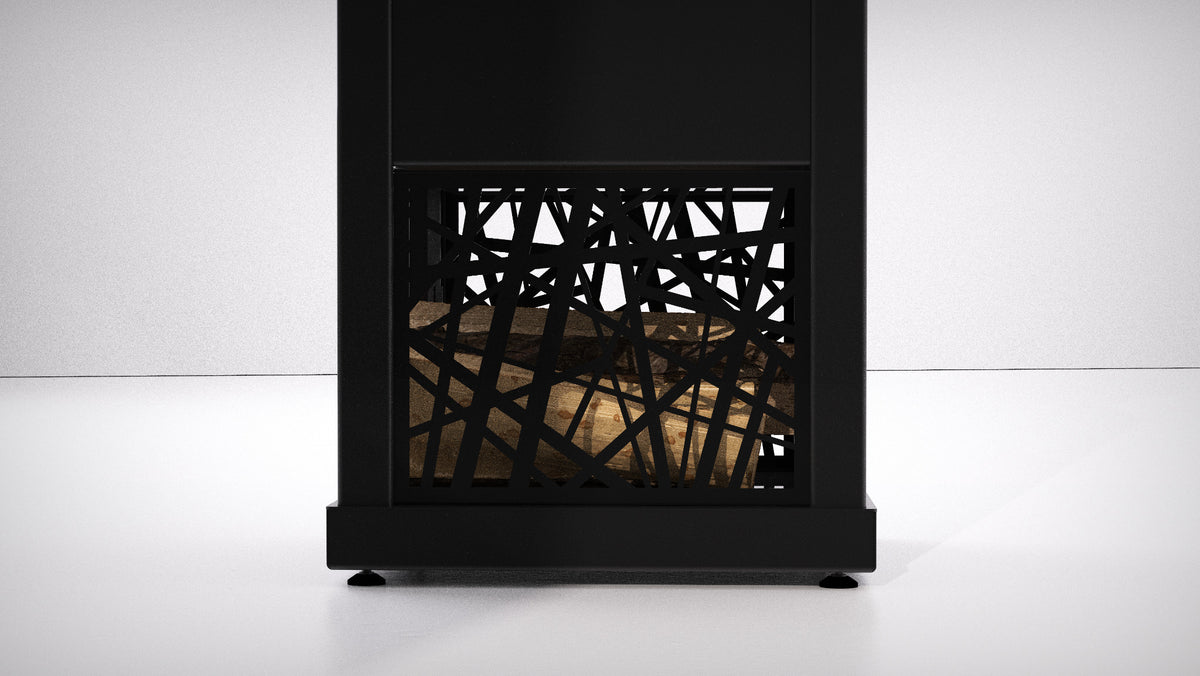 A modern black fireplace or wood-burning stove with a geometric, crisscross metal screen design over the firebox, set against a clean white studio background.