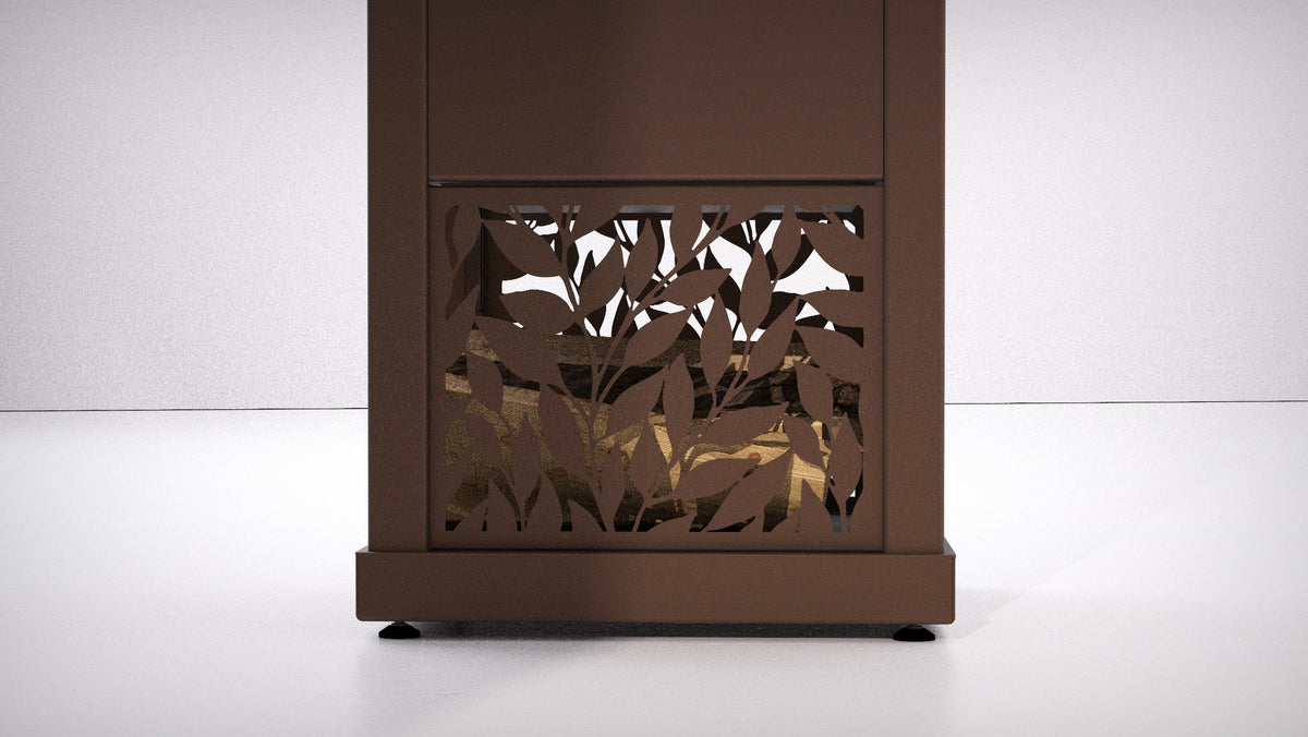A modern brown outdoor stove log storage with a decorative leaf-patterned laser-cut front panel, shown against a clean white studio background.