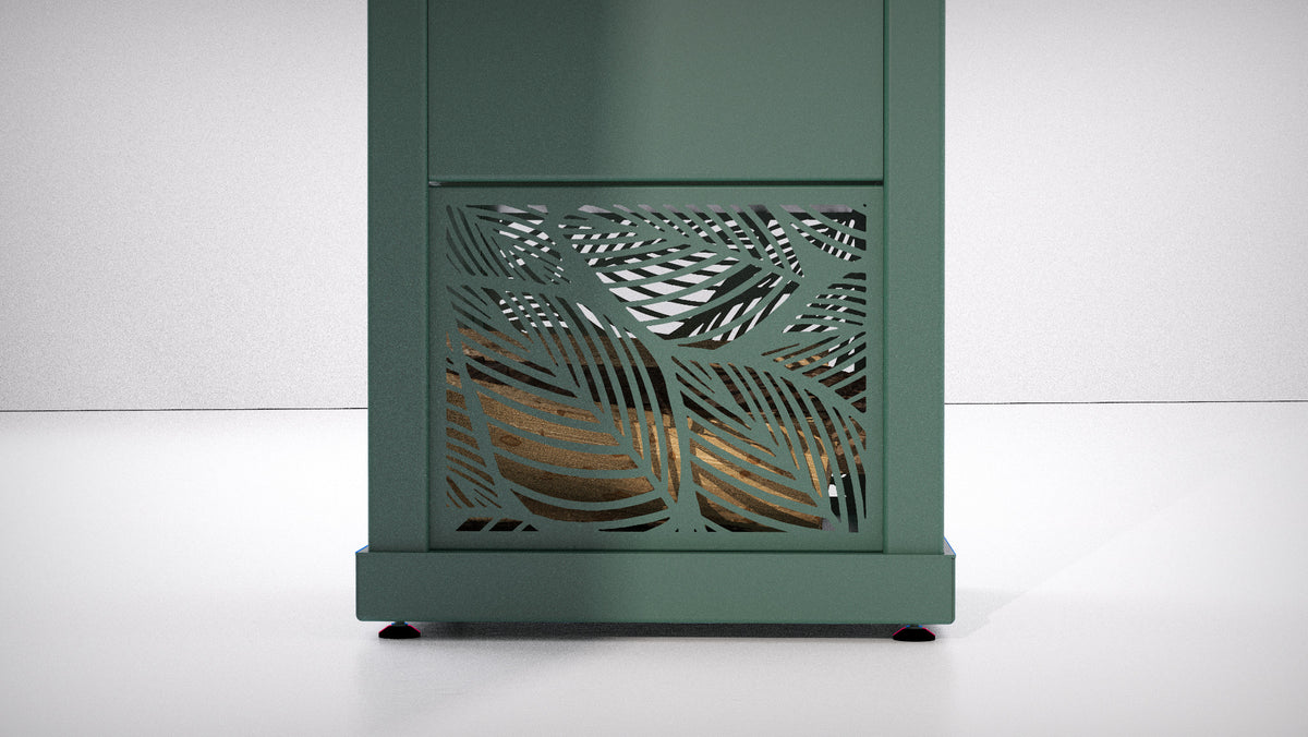 A modern spruce green outdoor stove log storage with a decorative leaf-patterned laser-cut front panel, shown against a clean white studio background.