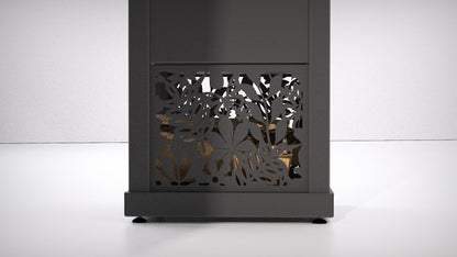 A modern slate grey outdoor stove log storage with a decorative patterned laser-cut front panel, shown against a clean white studio background.