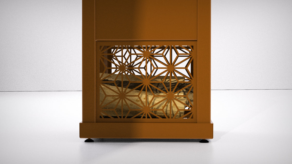 A modern rust brown outdoor stove log storage with a decorative leaf-patterned laser-cut front panel, shown against a clean white studio background.
