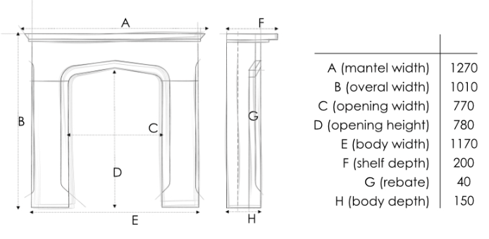 A black and white line drawing showing the dimensions of a fireplace, with labeled front, side, and cross-section views marked A through H, plus a measurement table on the right listing the dimensions.