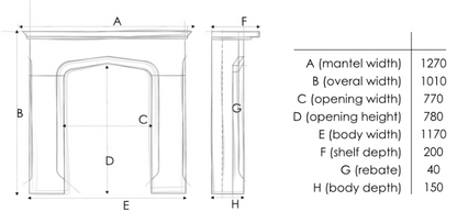 A black and white line drawing showing the dimensions of a fireplace, with labeled front, side, and cross-section views marked A through H, plus a measurement table on the right listing the dimensions.