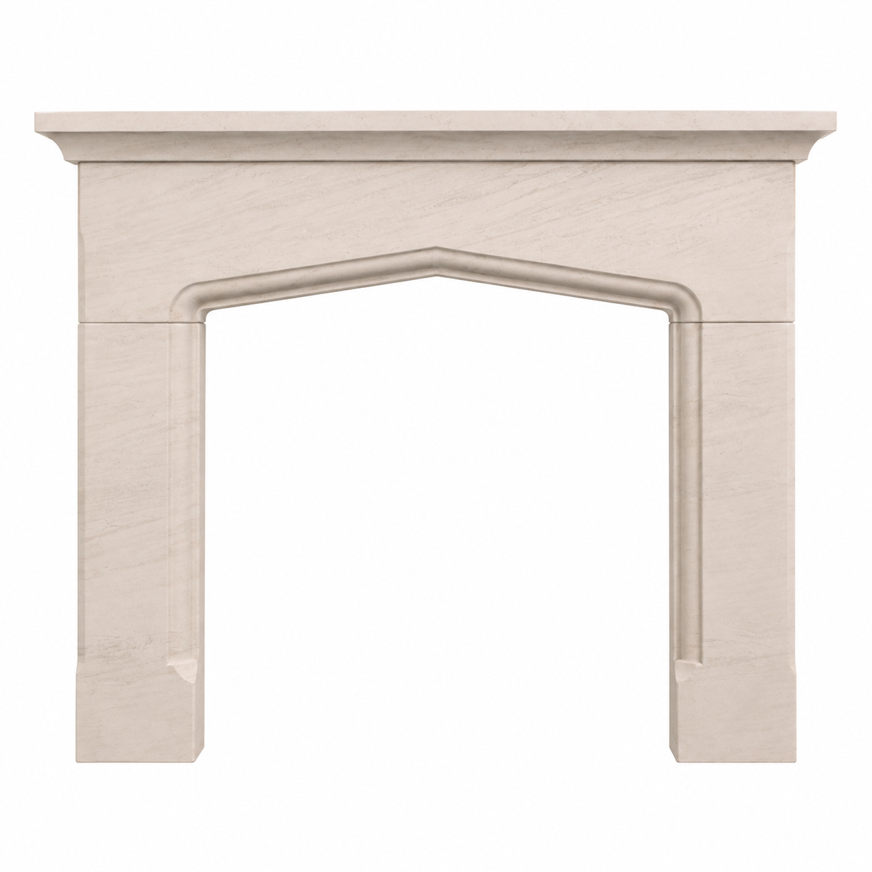 A light beige limestone fireplace mantel with a classic arched opening, shown against a solid white background.