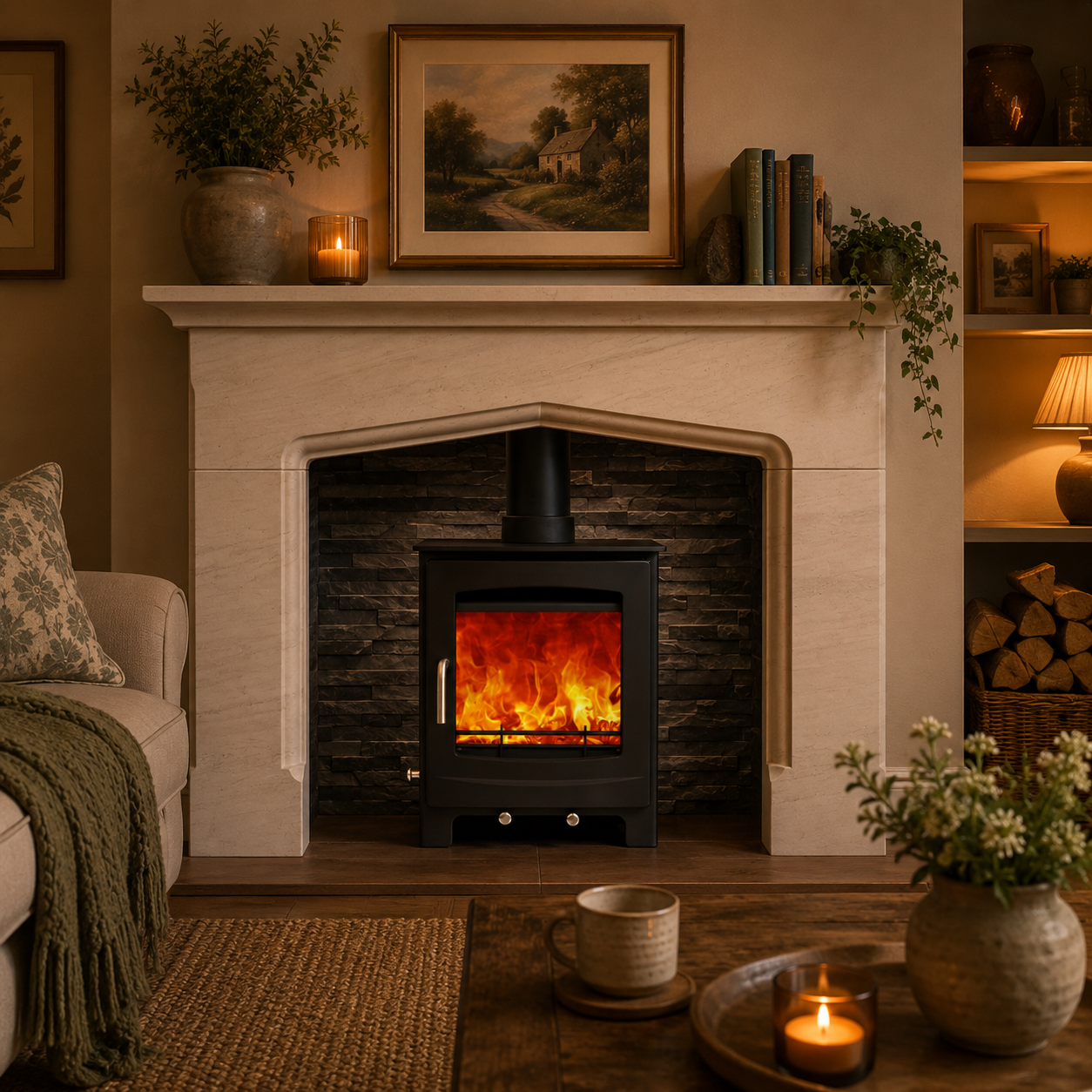 A black wood-burning stove with a glowing fire, set within a stone fireplace in a cozy, warmly lit living room.