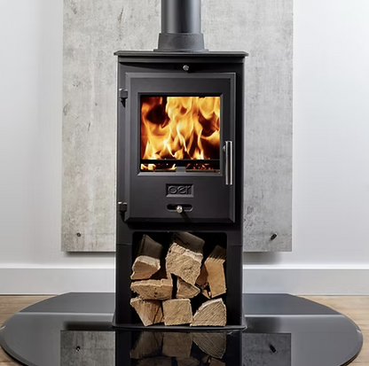 OER 5kW Multi Fuel Stove. Wood-burning stove with flames and firewood in a modern setting