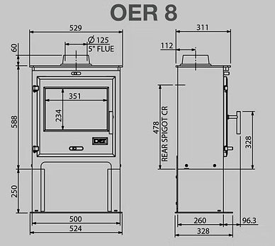 OER 8kW Multi Fuel Stove Dimensions