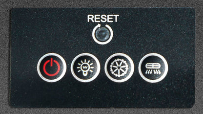 A close-up of a black control panel with four circular buttons and a central reset button. The power button has a red symbol, while the other three buttons have white symbols.