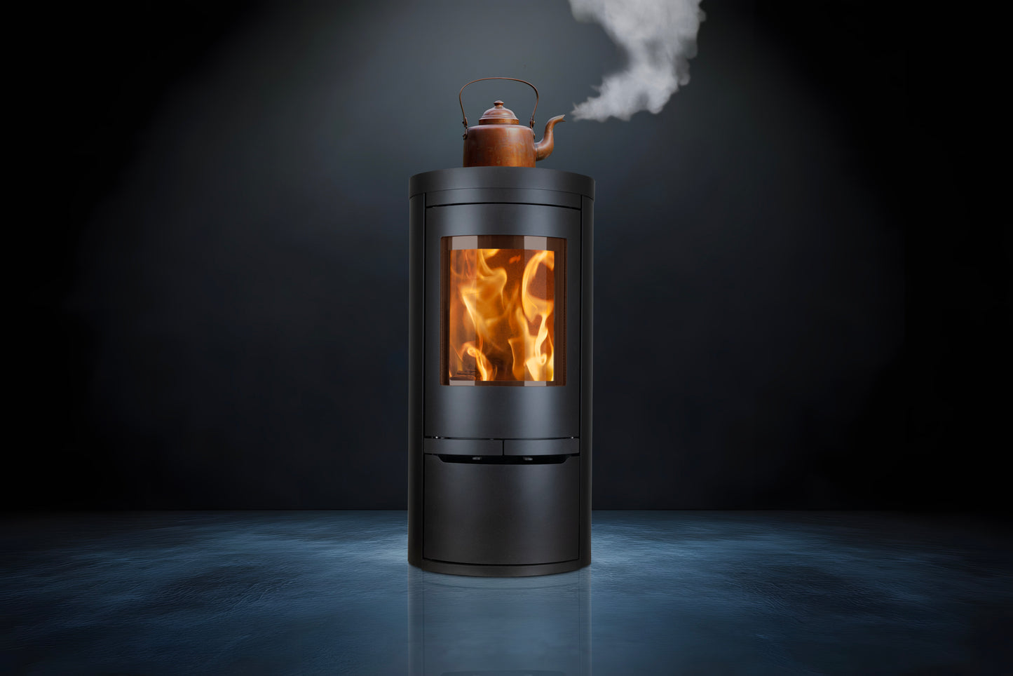 Opus Aria Wood-burning stove with a copper kettle on top, emitting steam against a dark background.