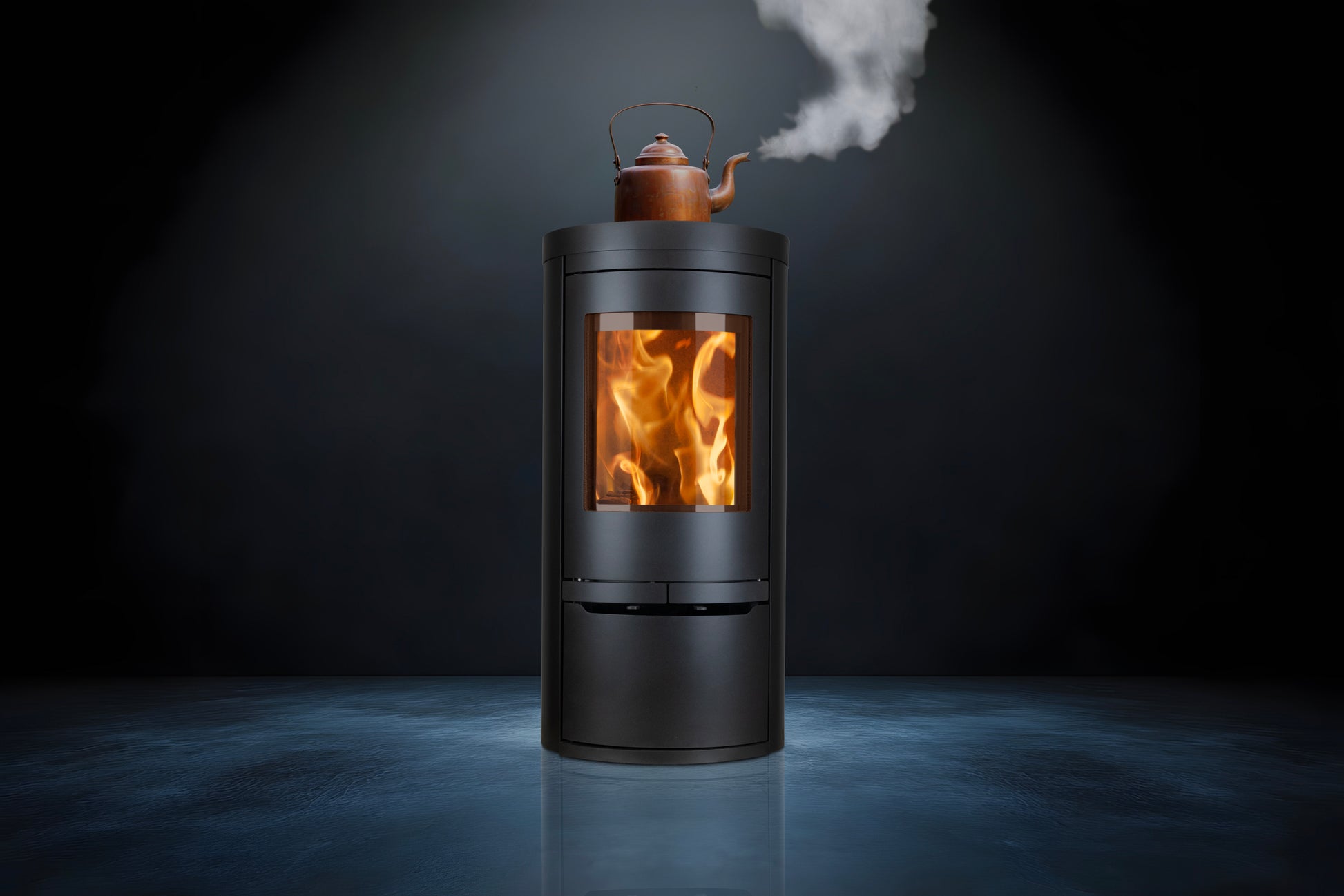 Opus Aria Wood-burning stove with a copper kettle on top, emitting steam against a dark background.