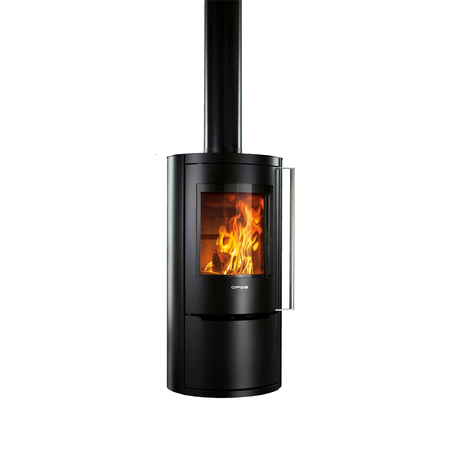 Opus Aria Black wood stove with visible flames on a white background