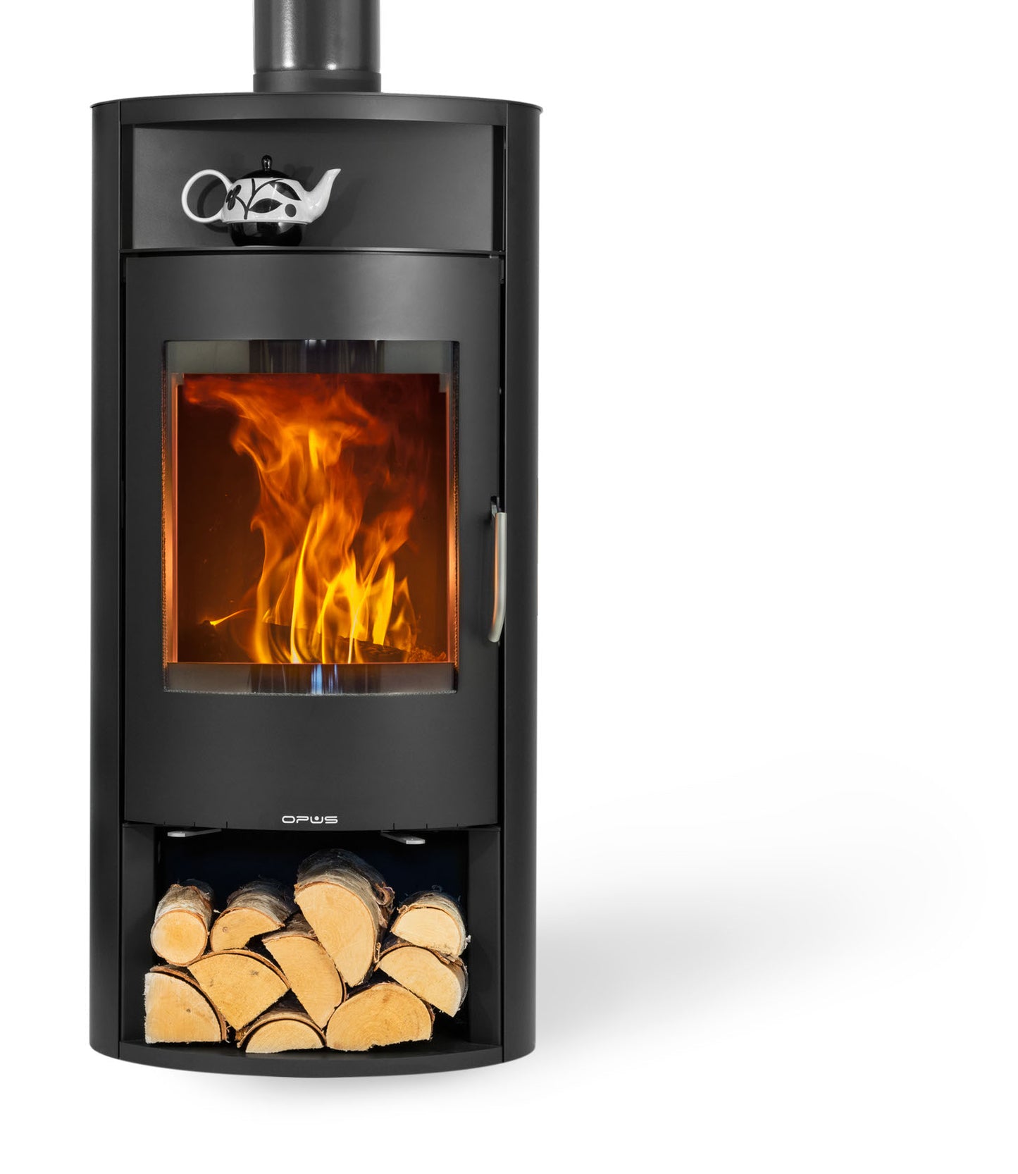 Black freestanding stove with cooker top with visible flames and log store on a white background