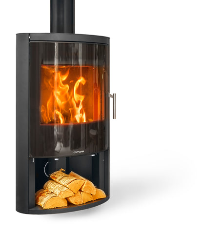 Opus Harmony GLS Wood-burning stove with visible flames and firewood on a white background