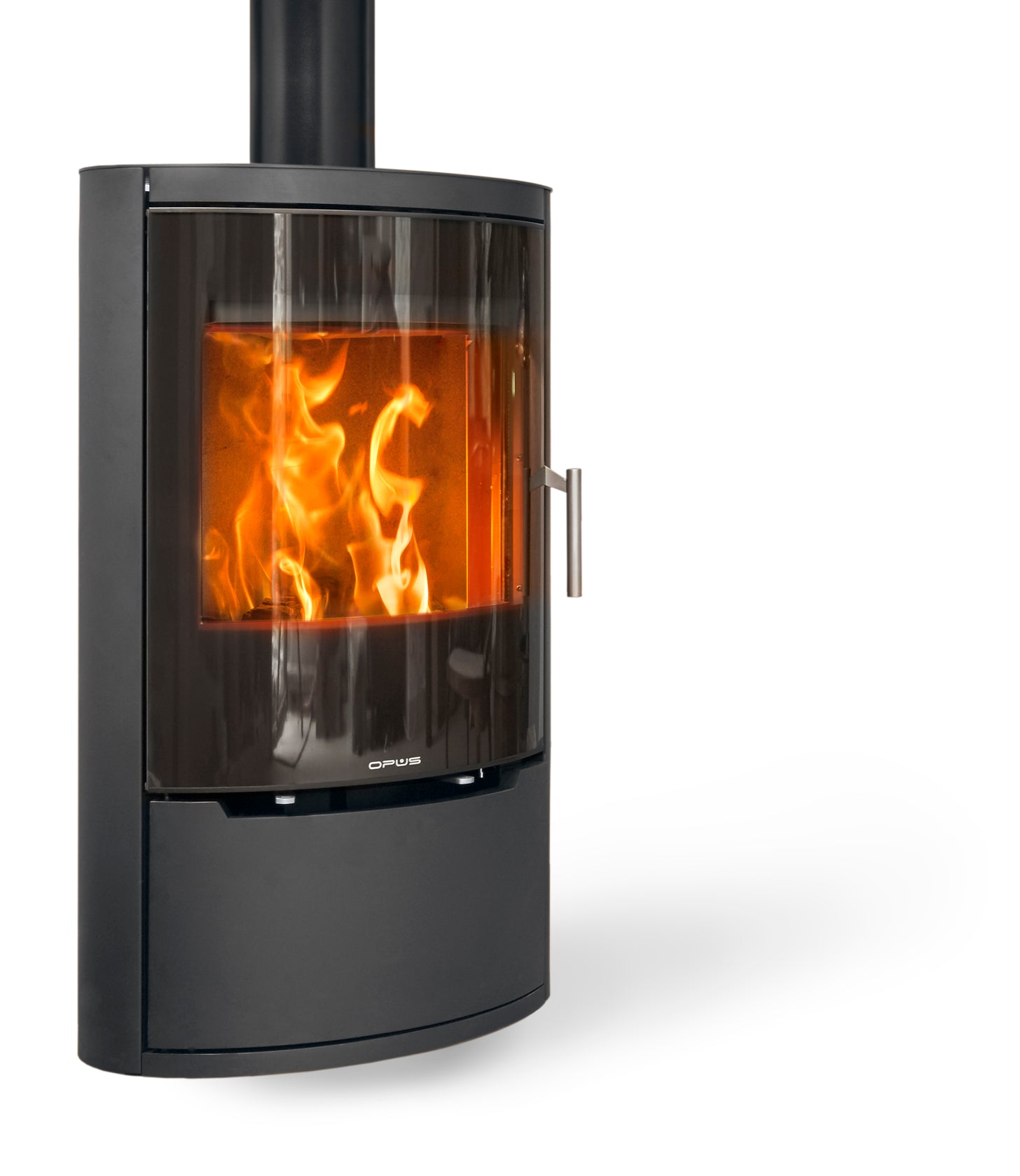 Opus Harmony G Modern wood stove with visible flames inside on a white background