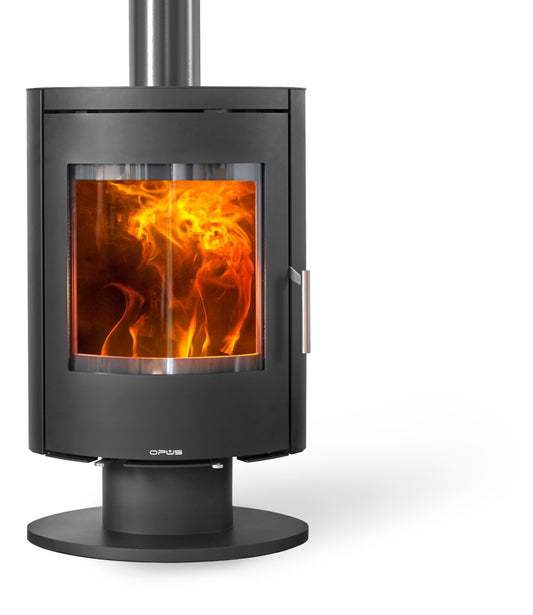 Opus Harmony PR Black stove with visible flames on a white background