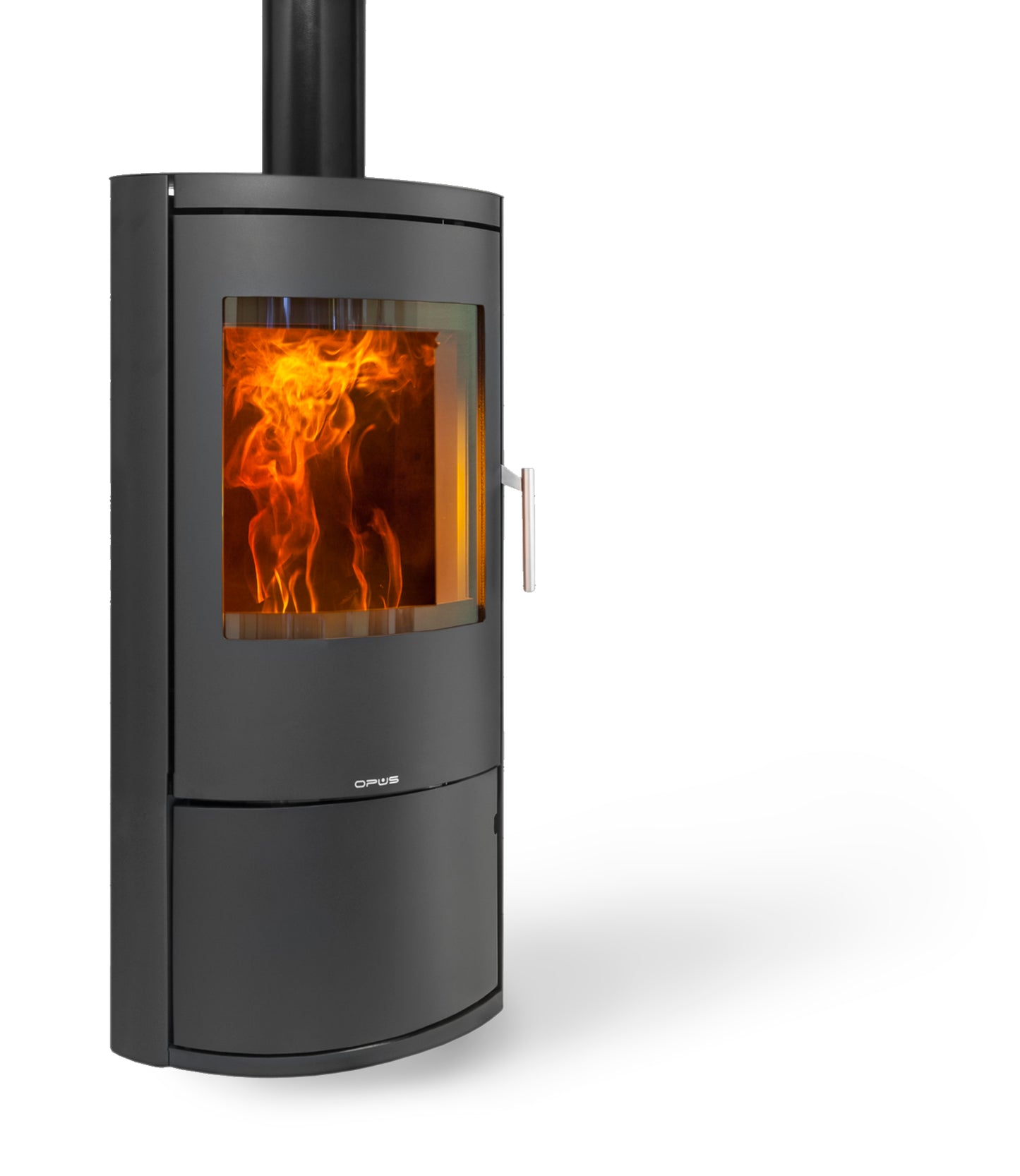 Opus Harmony Modern black freestanding stove with visible flames inside on a white background