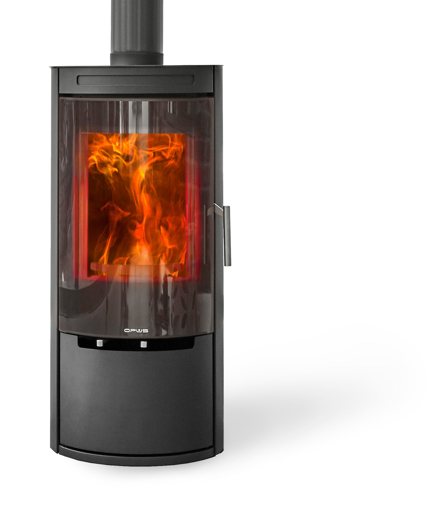 Opus Melody with Glass Door with visible flames on a white background