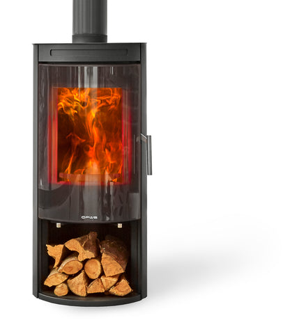 Opus Melody wood stove with Glass door and wood store visible flames on a white background