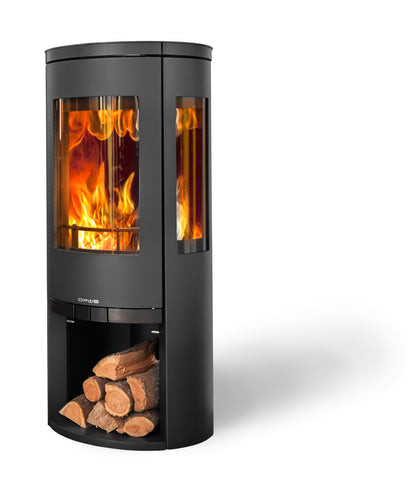 Opus Trio Black freestanding stove with visible flames and wood storage on a white background