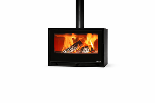 Opus Wood-burning stove with flames inside on a white background