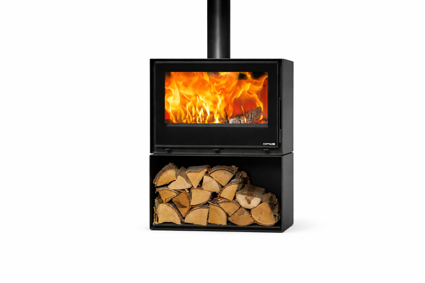 Opus Black wood-burning stove with fire and stacked logs on a white background