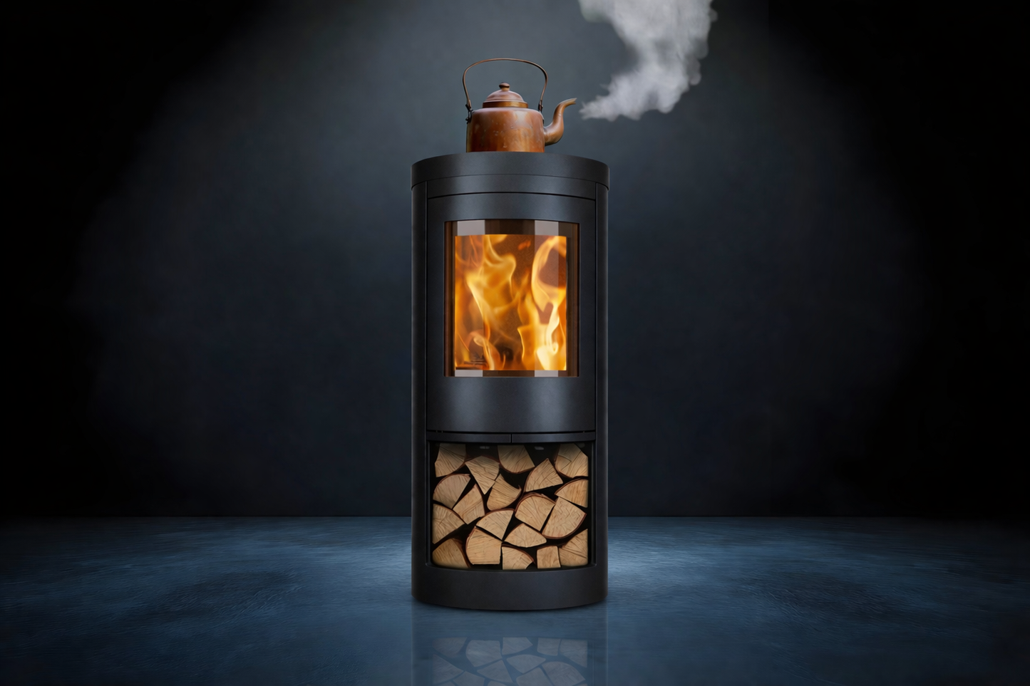 Opus Aria Wood-burning stove with a teapot on top, emitting steam against a dark background