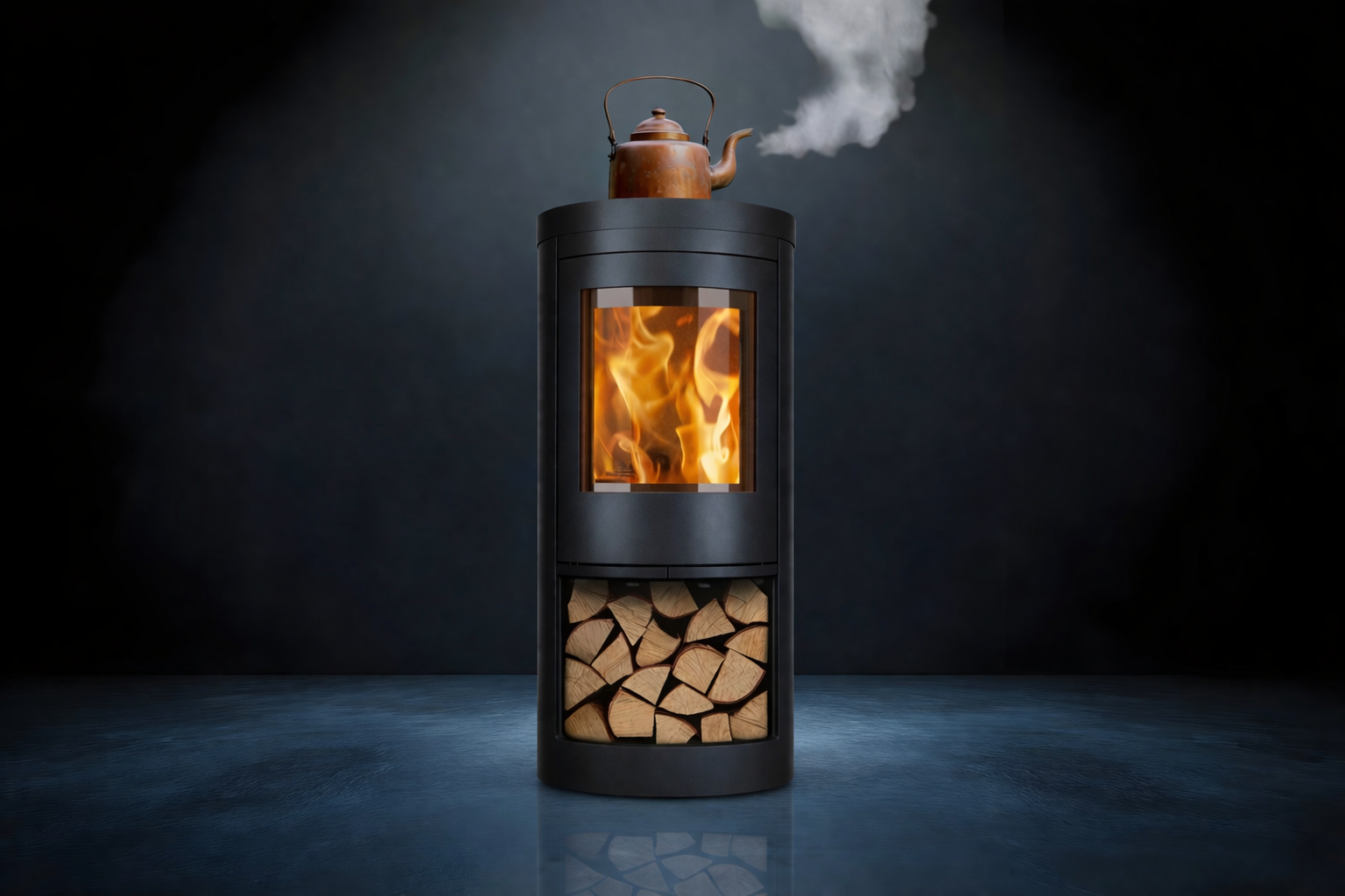 Opus Aria Wood-burning stove with a teapot on top, emitting steam against a dark background