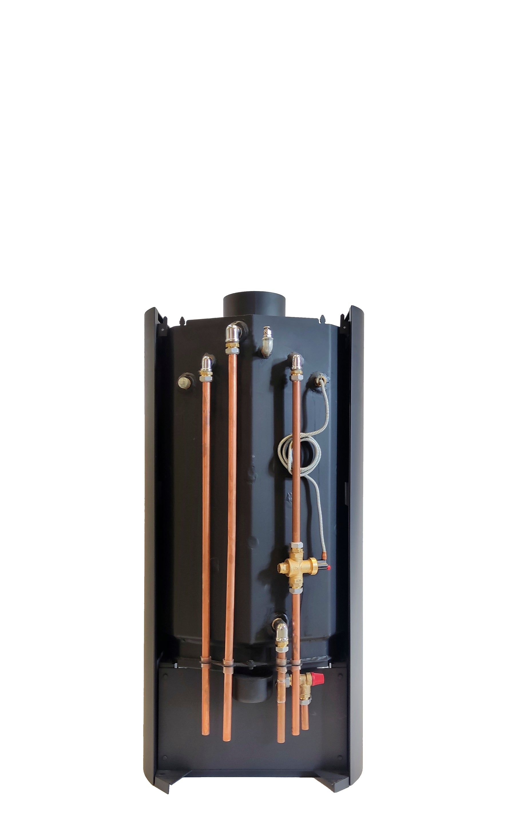 Black metal wall-mounted plumbing system form log stove with pipes and connectors on a white background
